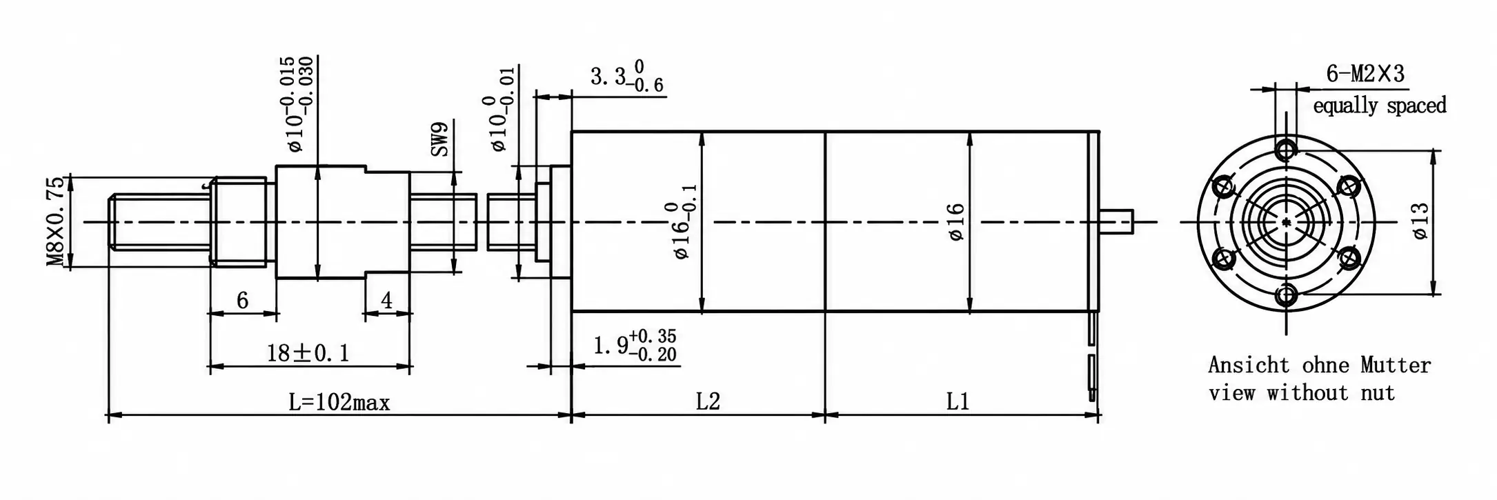 2D engineering blueprint showing the mechanical dimensions, flange tolerances, and mounting hole pattern of the $\varnothing16$ mm roller screw linear actuator