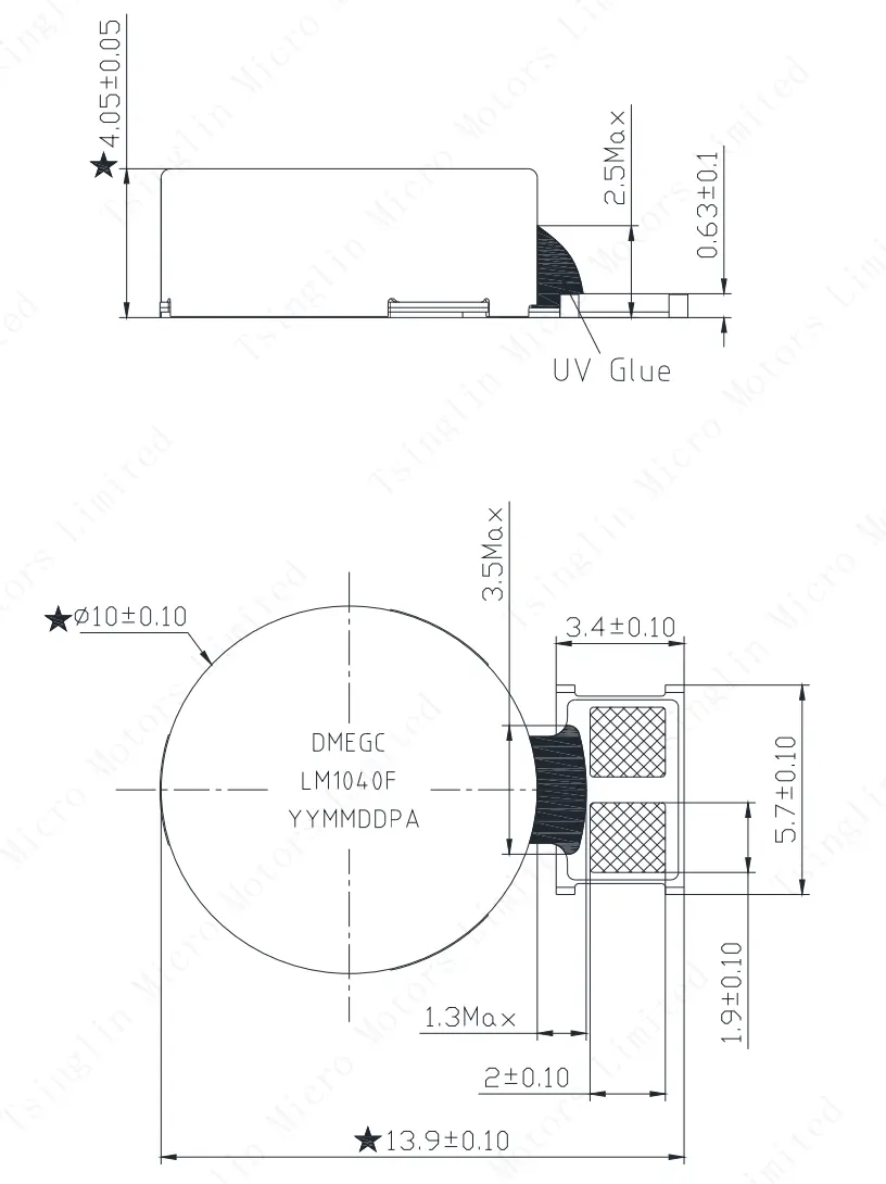 Technical mechanical drawing and dimensions for 1040 LRA haptic feedback motor 1040 haptic feedback motor dimension drawing