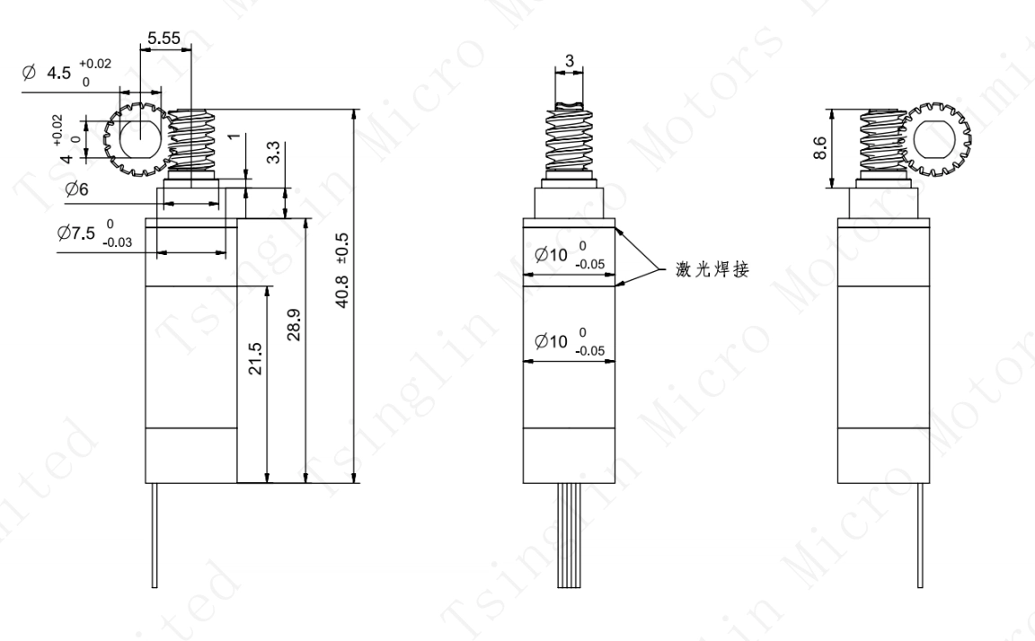 Technische Maßzeichnung des 10-mm-kernlosen bürstenlosen Schneckengetriebemotors Modell PG10K28-KW1016+LG04M17Z+TTL