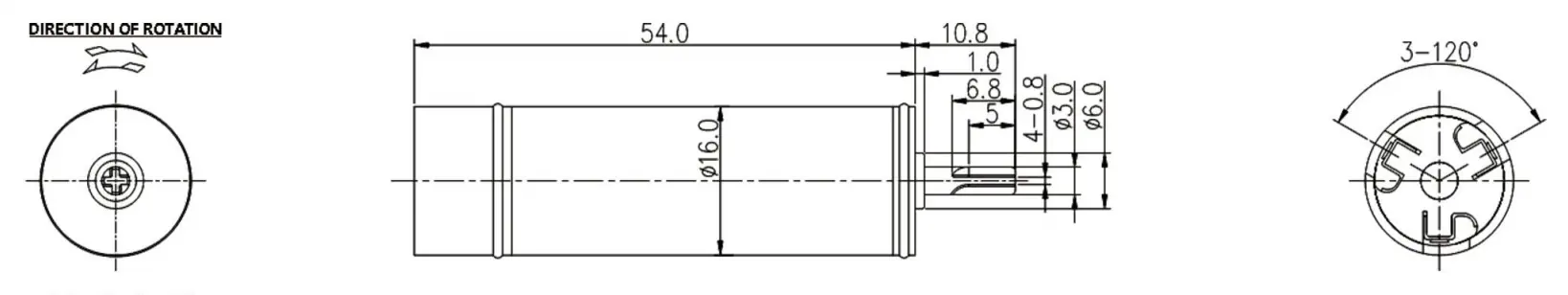 16mm micro brushless motor dimensional drawing Mechanical dimension drawing for Φ16mm x 54mm micro brushless motor