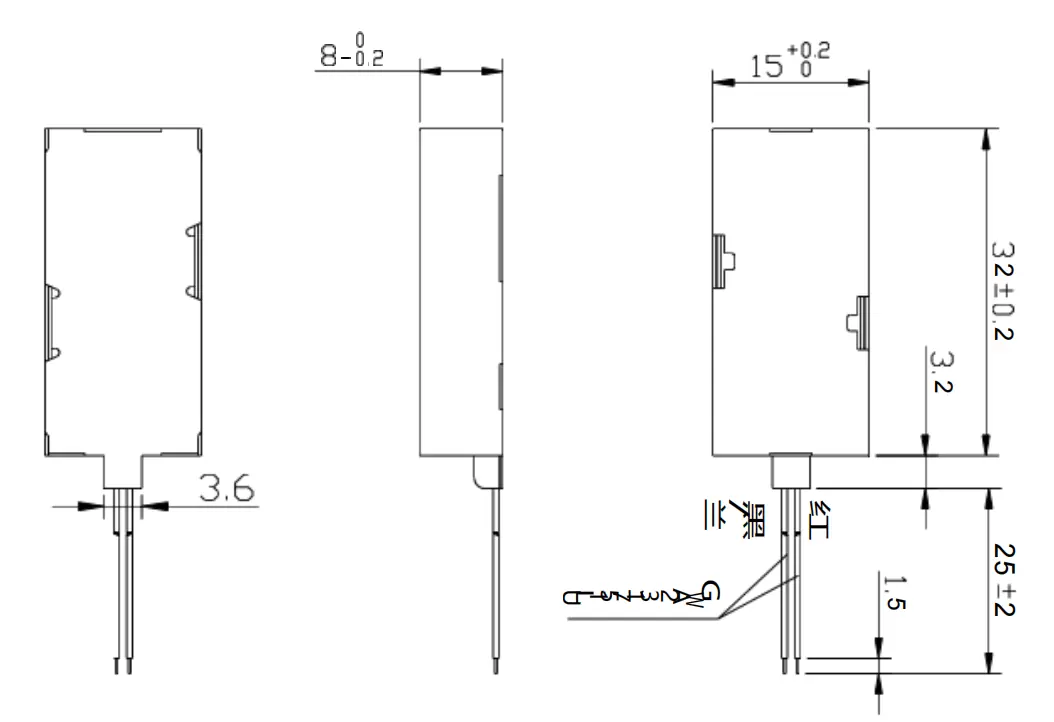 linear vibration actuator dimensional drawing Technical dimensional drawing of TSL-ELV321508 linear vibration actuator showing 32x15x8mm measurements