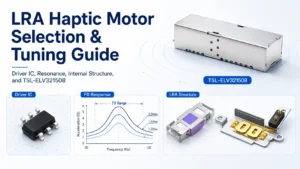 LRA Haptic Motor selection and tuning guide featuring driver IC, resonance response, internal structure, and TSL-ELV321508