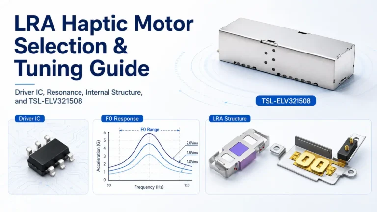 LRA Haptic Motor selection and tuning guide featuring driver IC, resonance response, internal structure, and TSL-ELV321508