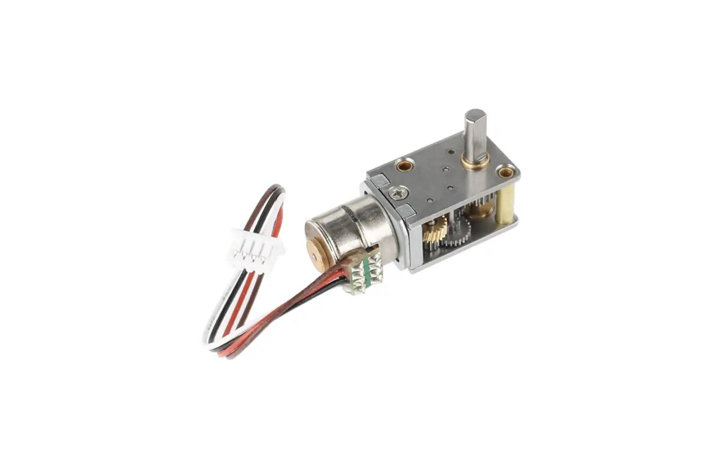 Rear perspective of micro metal geared stepper motor highlighting 4-pin pitch 1.25mm connector