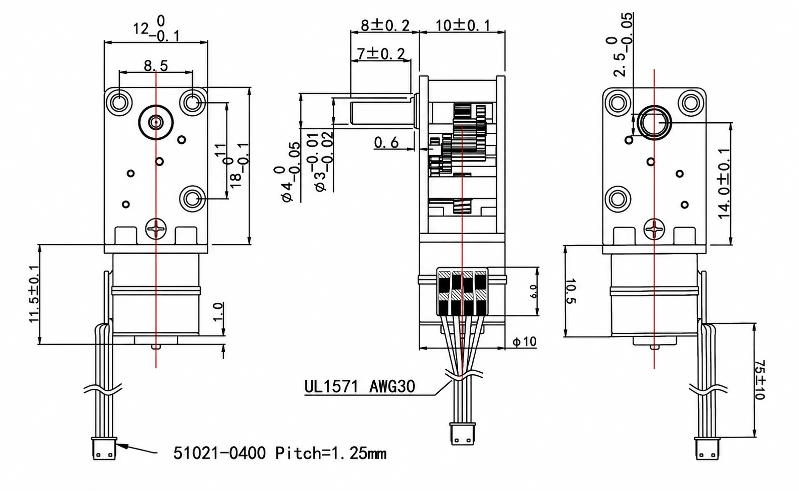 2D Mechanical CAD Drawing Technical CAD dimensional drawing for micro metal geared stepper motor with 1.25mm pitch connector