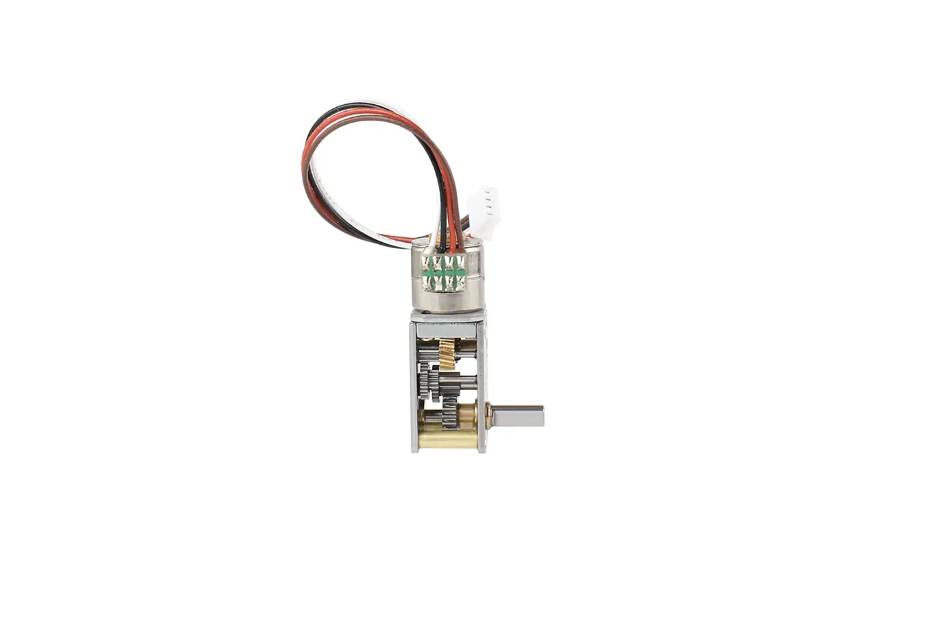 Rear vertical view of micro metal geared stepper motor showing PCB terminal soldering and gear mesh