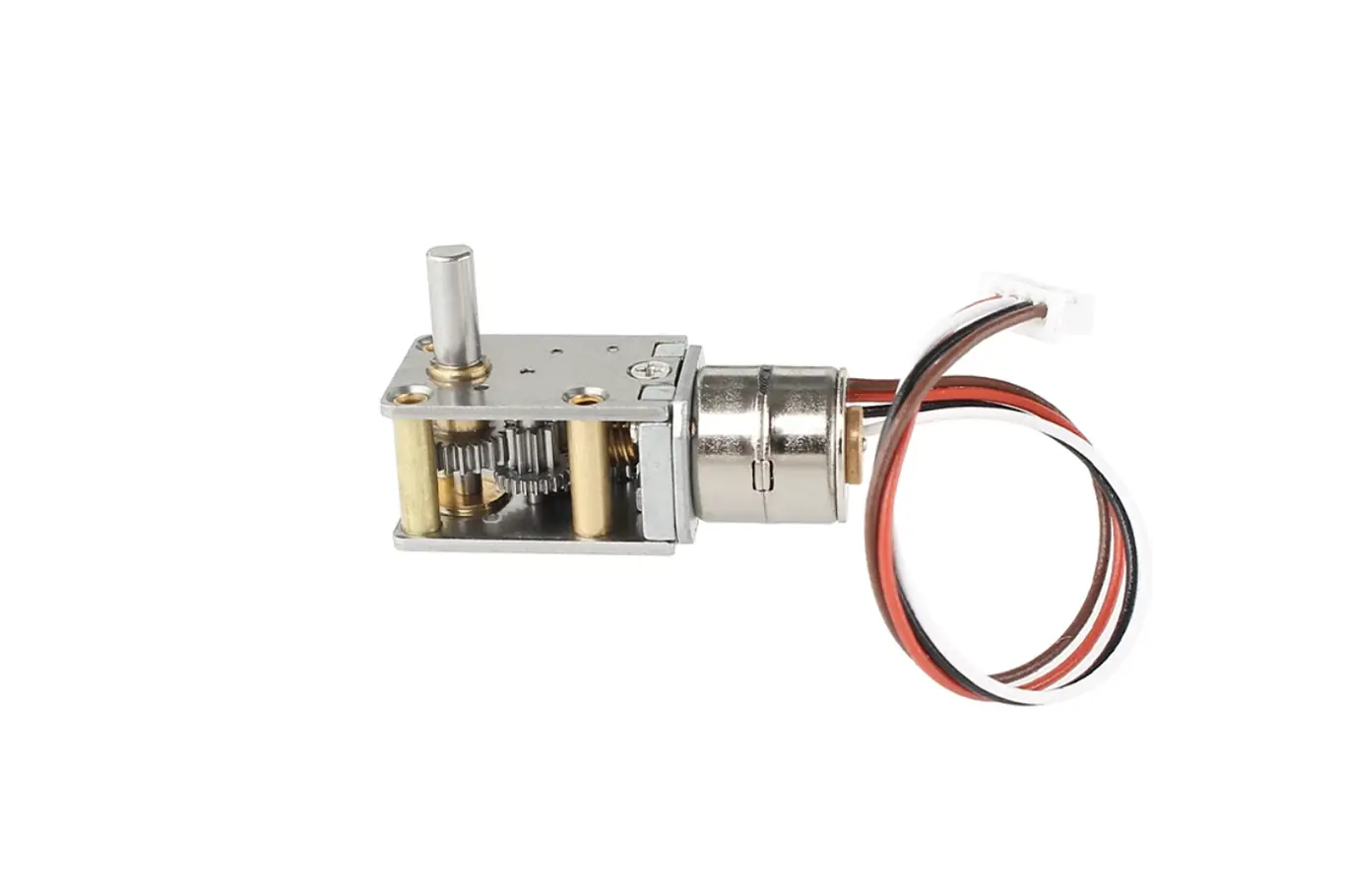 Top-down perspective of micro metal geared stepper motor with output D-shaft