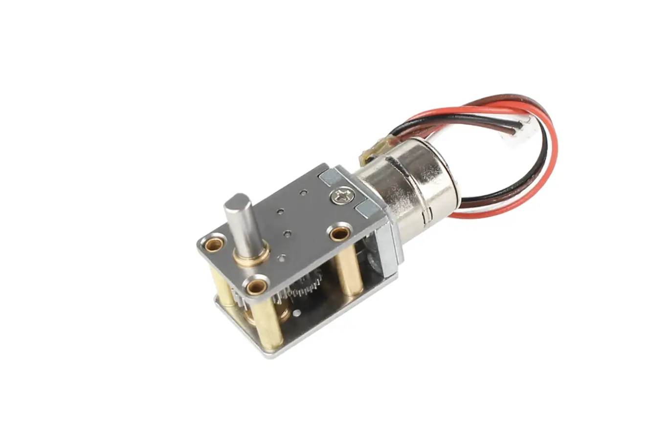 Side profile of micro metal geared stepper motor showing internal brass gears and worm drive mechanism