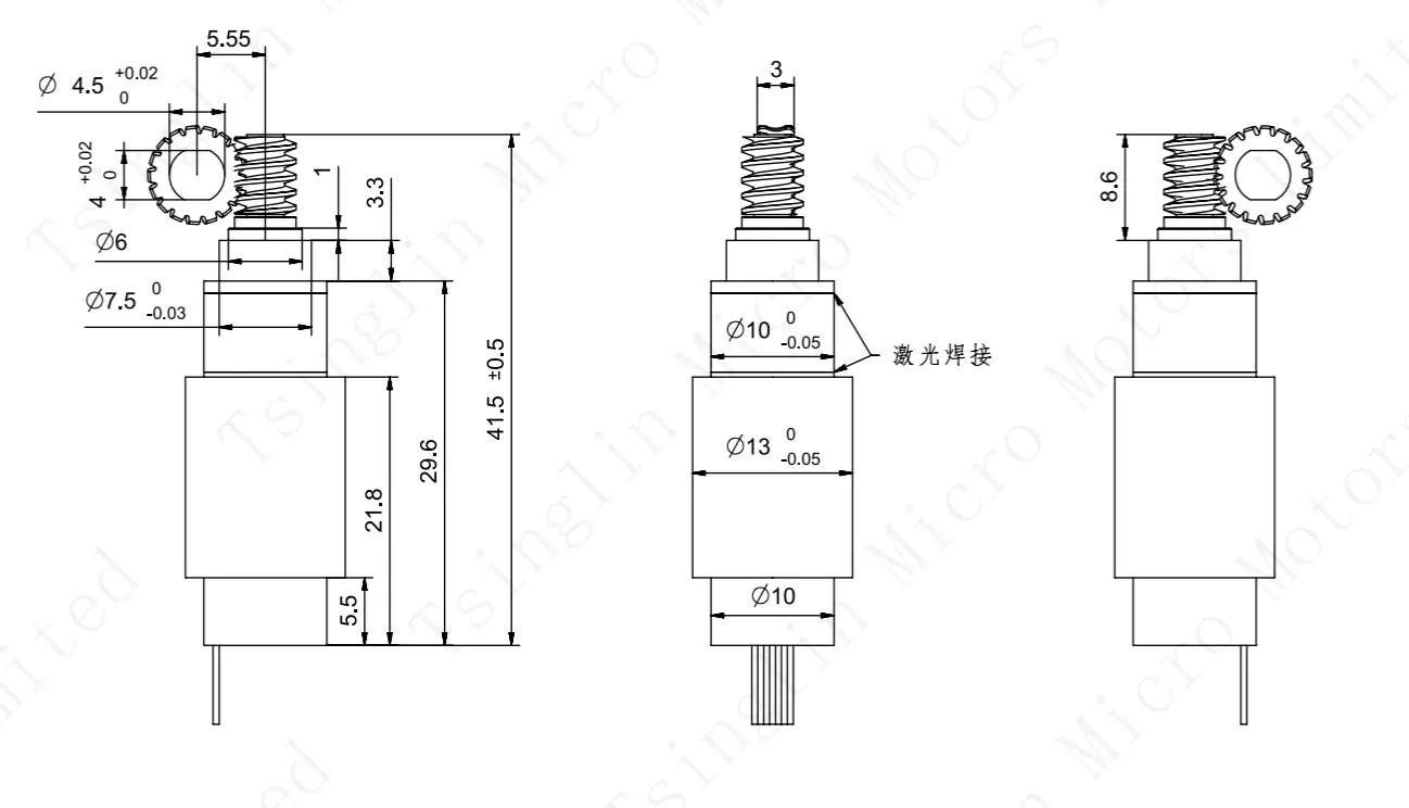 Engineering technical drawing showing mechanical dimensions and tolerances for PG10K28-KW1317 micro servo worm gear motor.