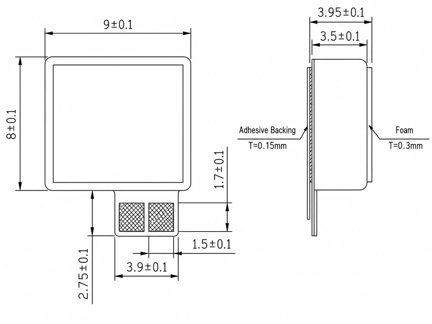 Technical engineering drawing showing dimensions (8x9x3.5mm) for small haptic motor