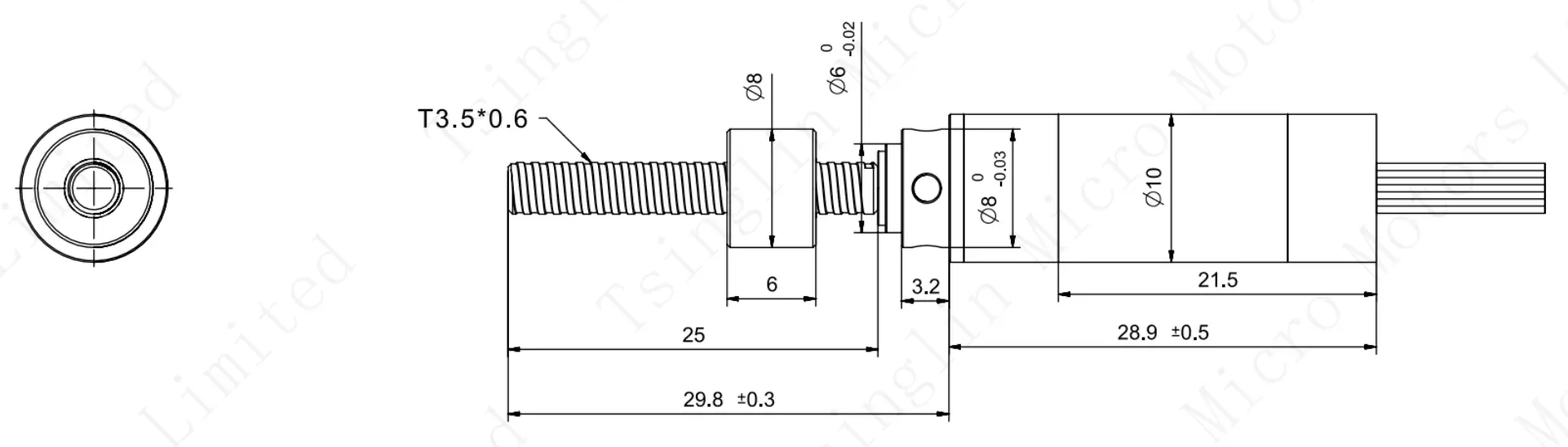 small linear actuator dimensions drawing Technical dimension drawing of the 10mm small linear actuator showing T3.5x0.6 lead screw parameters