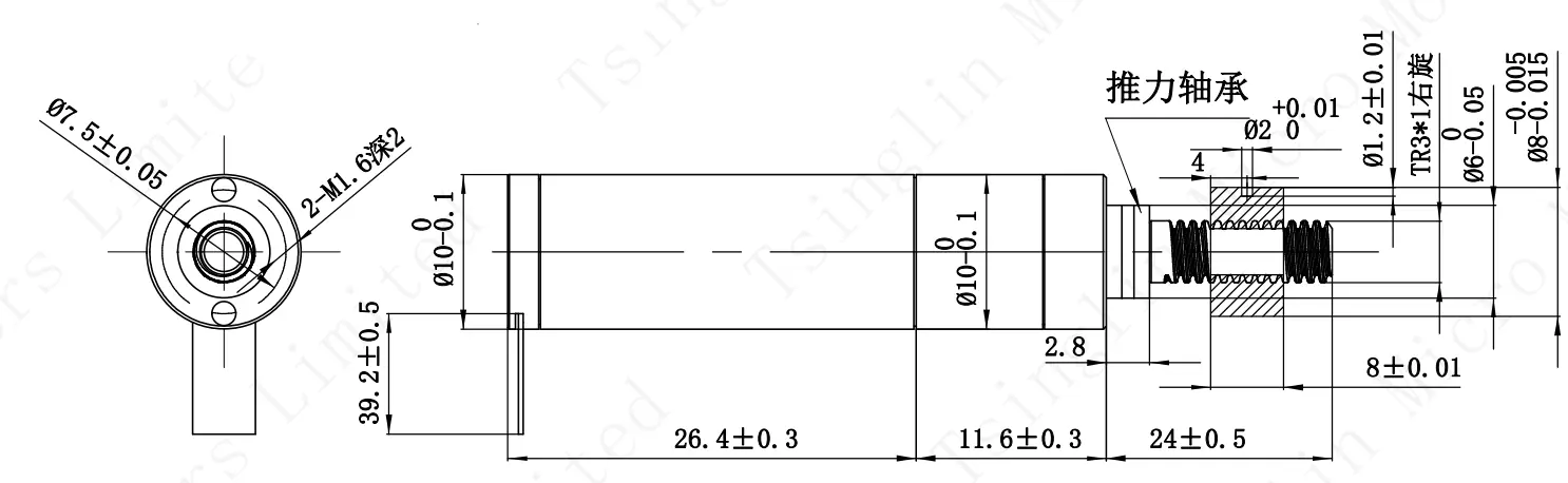 Dimensional drawing of 10mm linear actuator showing motor length and ball screw specs