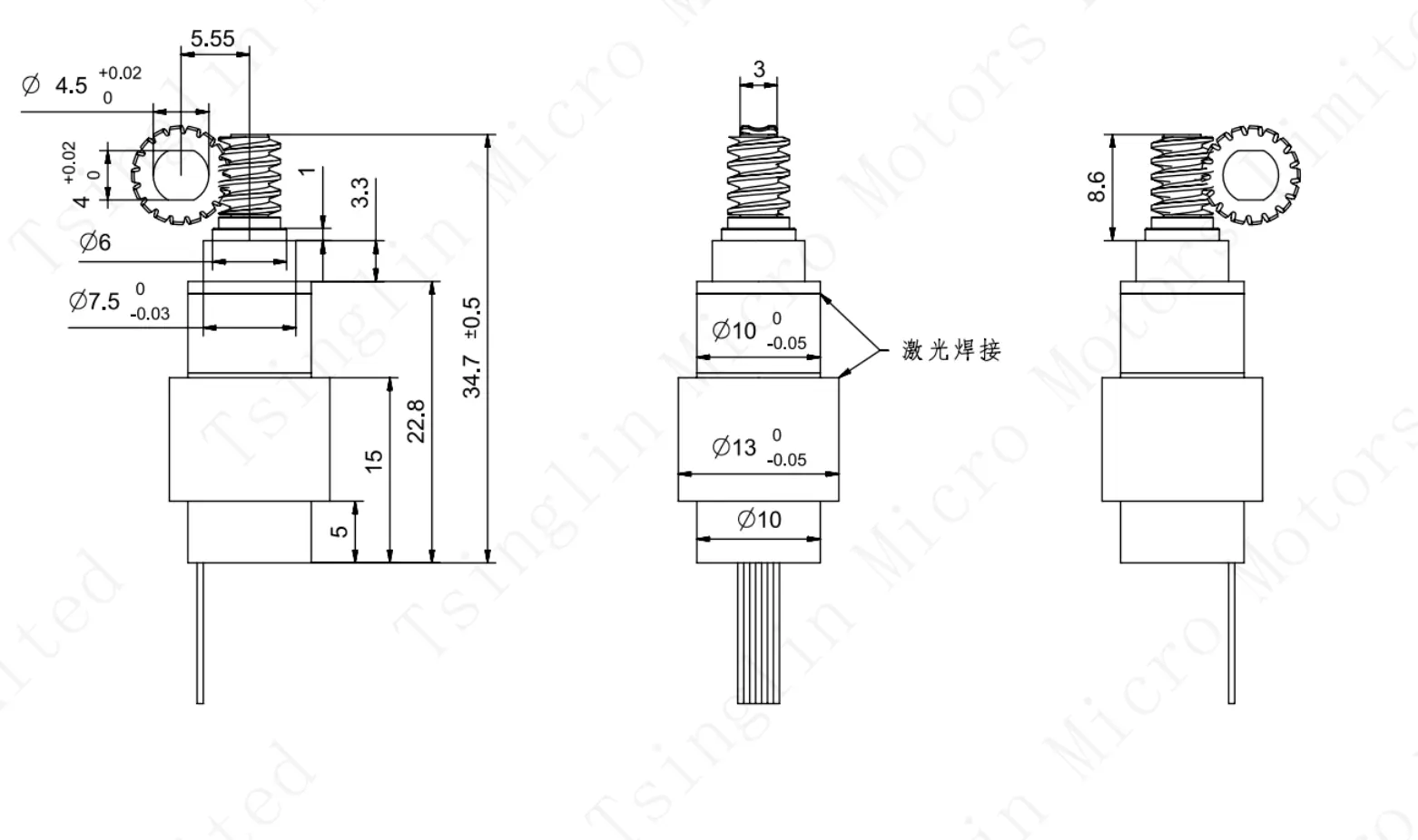 Technical Blueprint - 12V DC Right Angle Gear Motor Dimensions Technical drawing and dimension specifications for 12V DC right angle gear motor PG10K28-KW1310