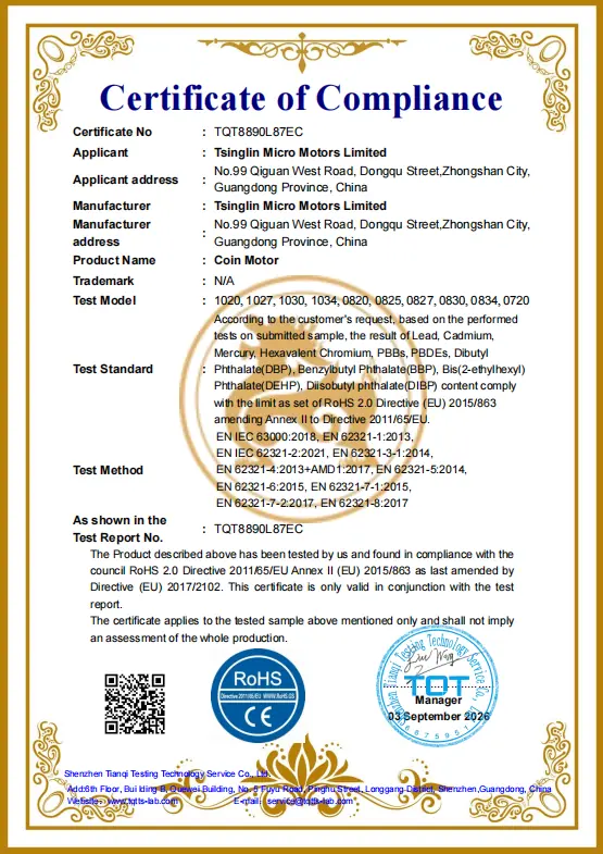 Tsinglin Micro Motors Limited ROHS CE Report